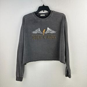 Refined Canvas Crop Tshirt Womens Small Gray Rock & Roll Long‎ Sleeve Crew Neck